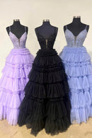 Stunning A-Line Spaghetti Straps Long Tiered Tulle Prom Dress