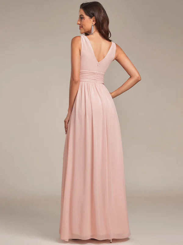 Sleeveless V-Neck Plain Chiffon Maxi Bridesmaid Dress