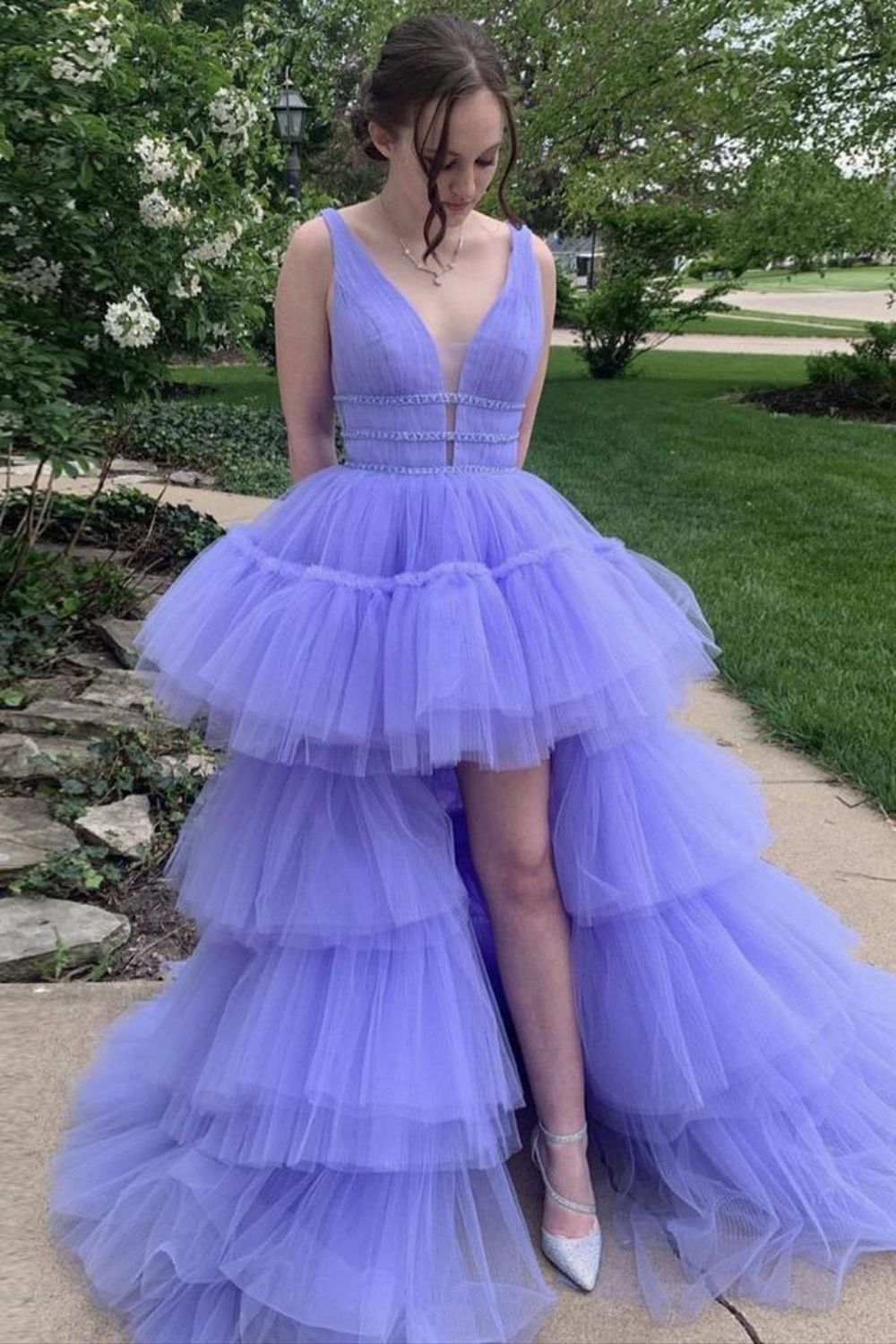 A-Line High Low Deep V Neck Lavender Long Prom Dress with Ruffles