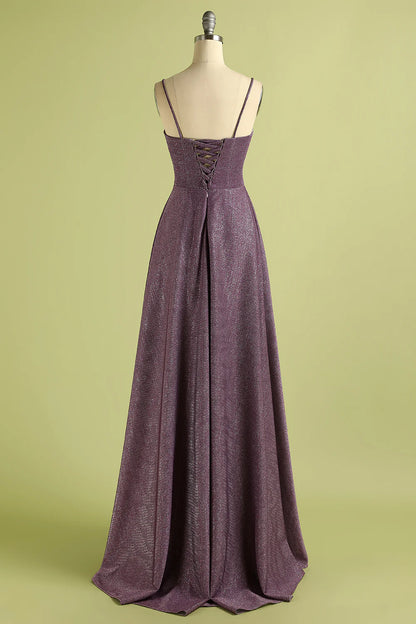 Grape Lace Up Long Satin Prom Dress