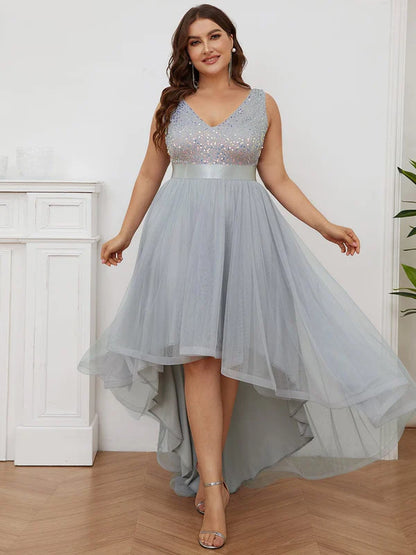 Plus Size Sleeveless Sequin Ribbon Waist Tulle High Low Evening Dress