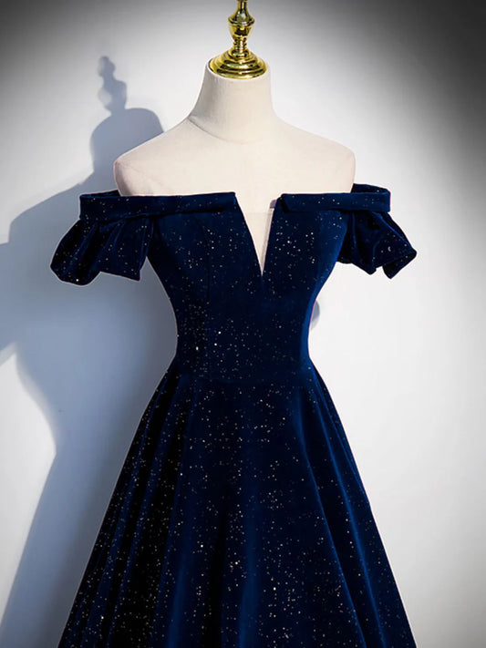 Buyishang A-Line Off Shoulder Velvet Dark Blue Long Prom Dress Dark Blue Long Formal Dress