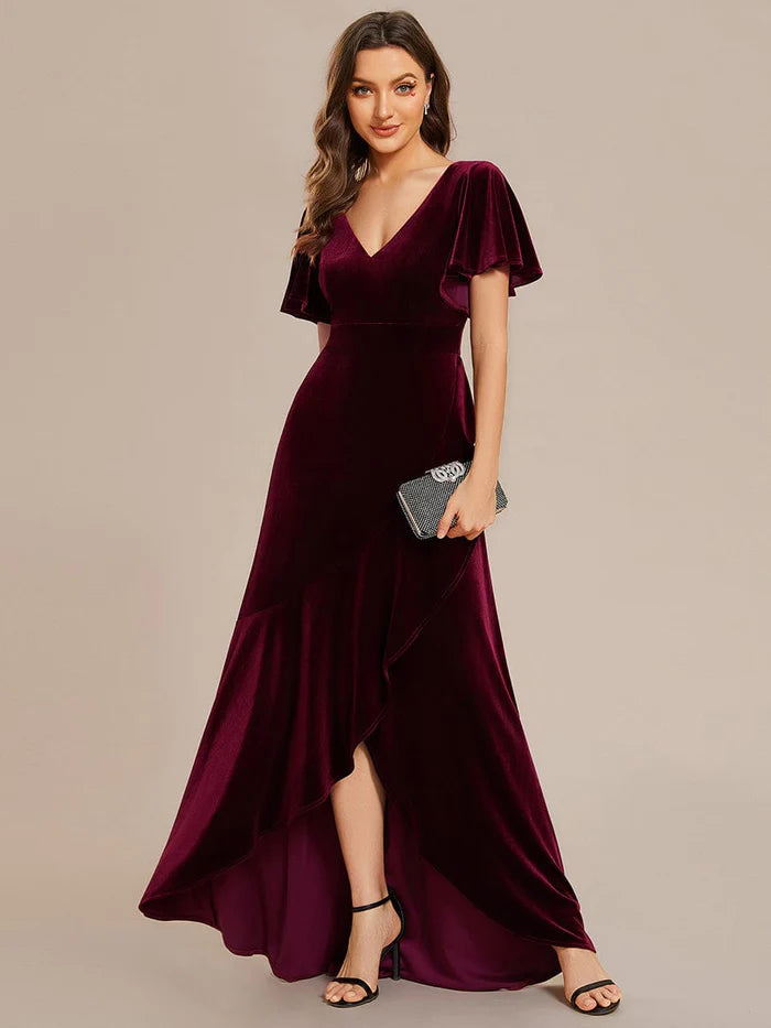 Double V-Neck Sleeves Stretchy Velvet Evening Dress with Lotus Leaf Hem