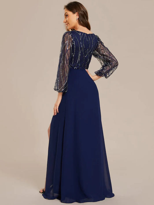 Sequin See-through Long Sleeves High Slit Chiffon A-Line Evening Dress/Party Dresses