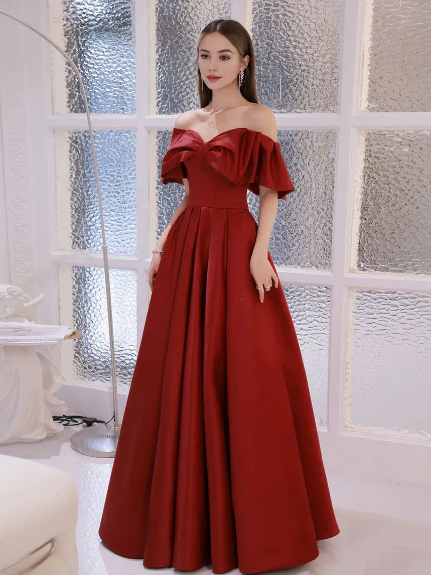 Buyishang Simple Aline Burgundy Satin Long Prom Dress Burgundy Evening Dress prom dresses shops