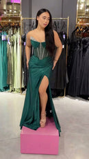 Dark Green Mermaid Strapless Long Corset Prom Dress with Beading