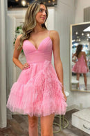 A Line Pink Tulle Short Homecoming Dress Spaghetti Straps with Ruffles