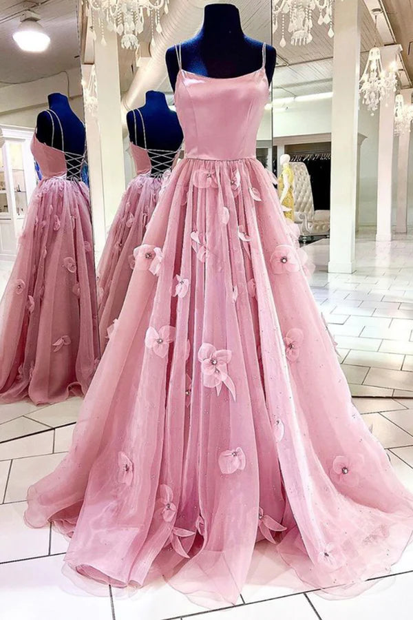 Pink Tulle Long A-Line Prom Dress Pink Spaghetti Strap Backless Evening Dress