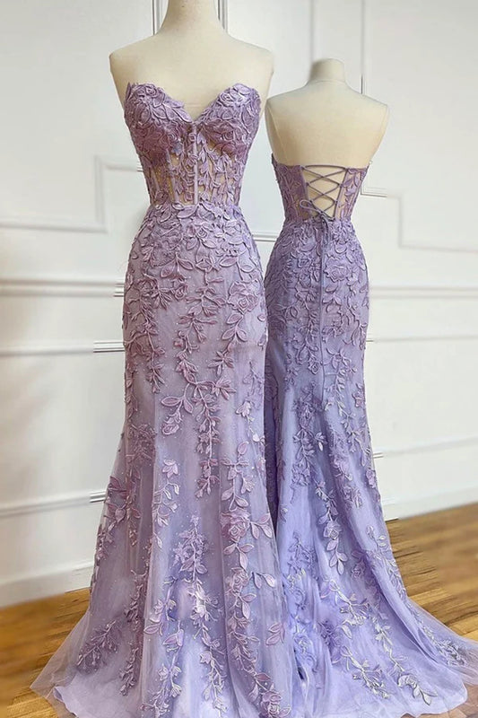 Purple Lace Long Mermaid Prom Dresses Beautiful Strapless Evening Dresses