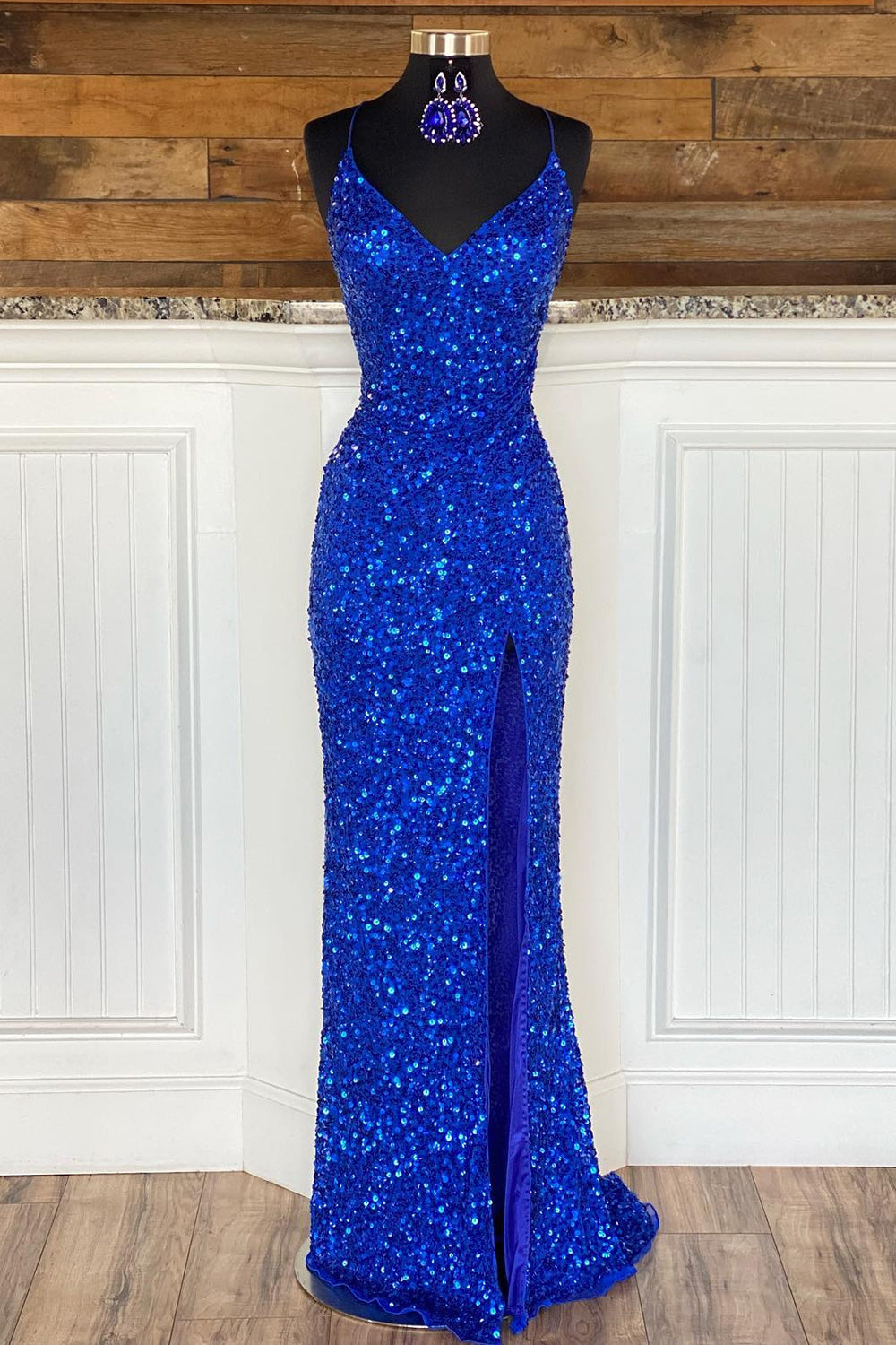 Sheath Spaghetti Straps Royal Blue Sequins Long Prom Dress with Silt