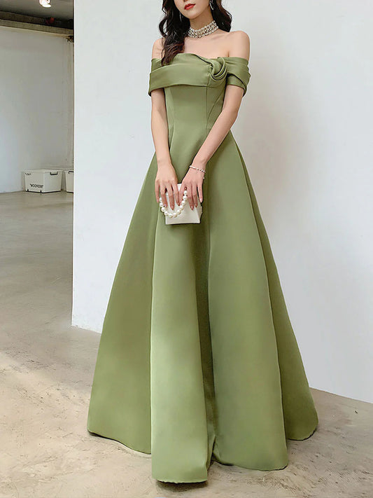 Buyishang A Line Satin Green Long Prom Dresses Off Shoulder Green Long Formal Dresses Bridesmaid dress shop