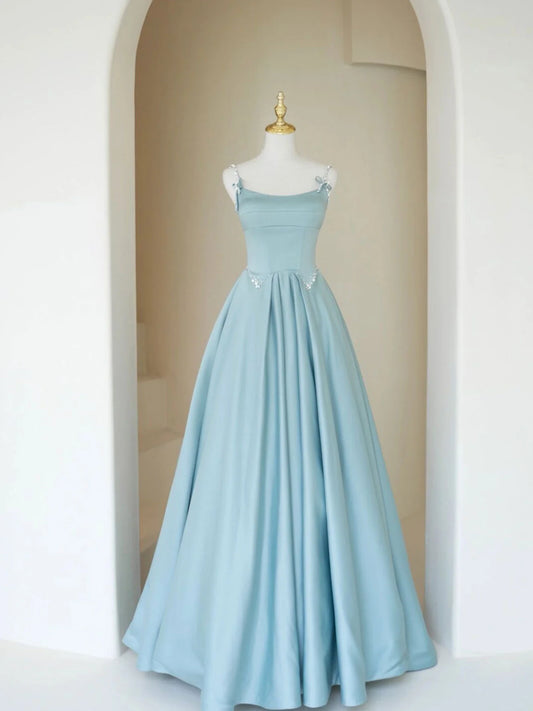 Buyishang Simple A Line Satin Long Prom Dress Blue Long Bridesmaid Dress Bridesmaid dress shop