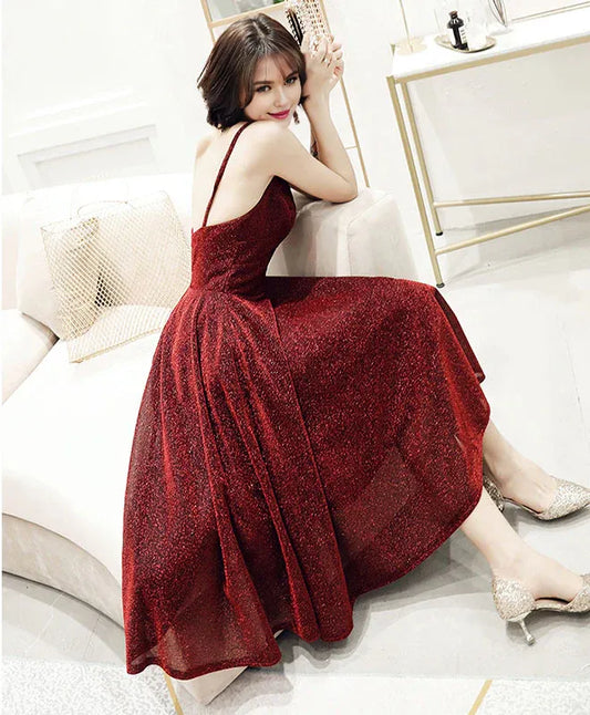 Buyishang Simple V Neck Tulle Sequin Short Prom Dress Burgundy Homecoming Dress prom dress in store