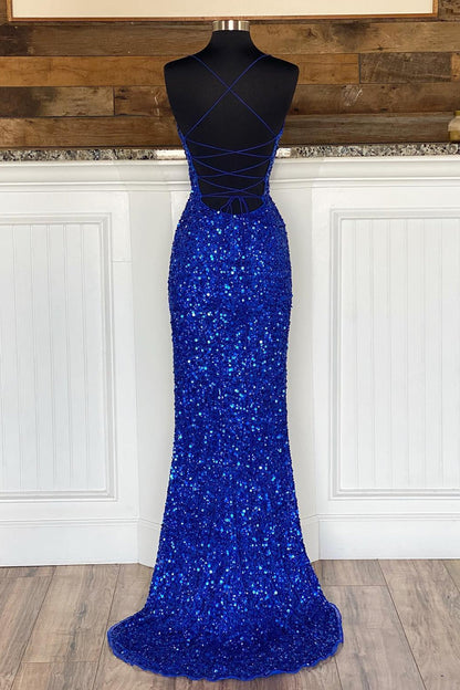 Sheath Spaghetti Straps Royal Blue Sequins Long Prom Dress with Silt