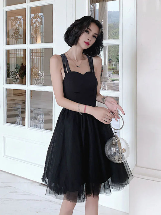 Buyishang Black Backless Tulle Short Prom Dress Black Homecoming Dresses prom dresses shops