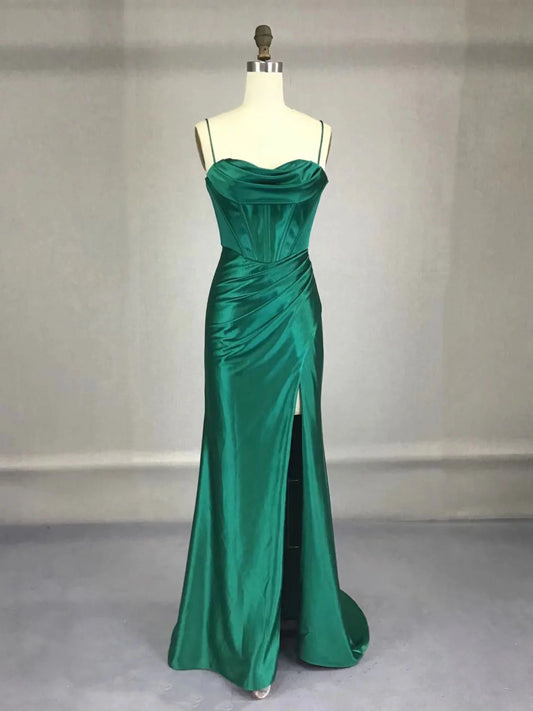 Buyishang Green Satin Long Prom Dresses Green Mermaid Long Formal Dresses prom dresses shops