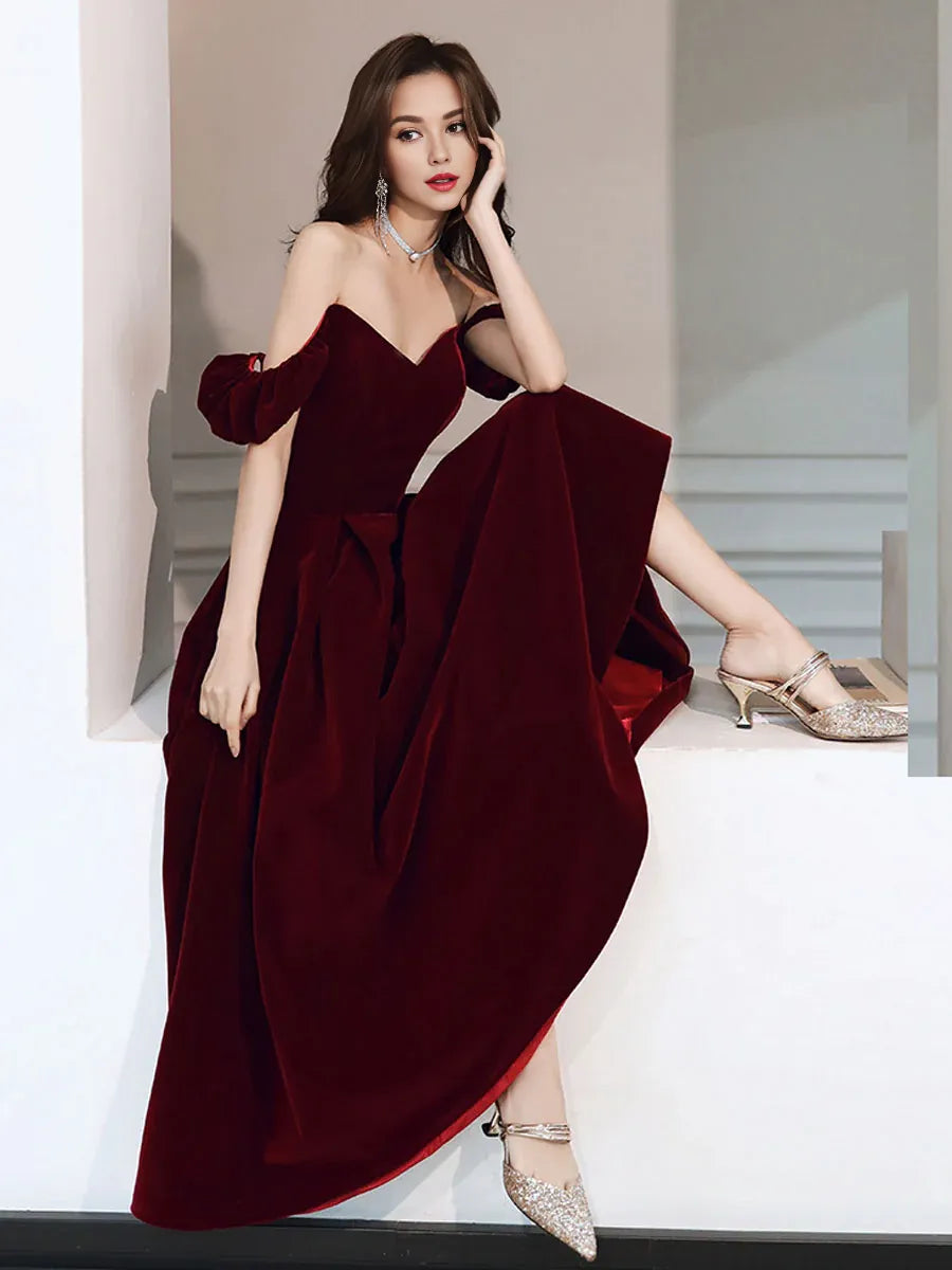 Buyishang Simple Velvet Tea Length Prom Dresses Burgundy Velvet Evening Dresses Bridesmaid dress shop