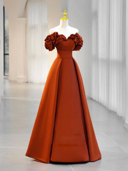 Buyishang A-Line Off Shoulder Satin Orange Long Prom Dress Orange Formal Evening Dress prom dresses shops