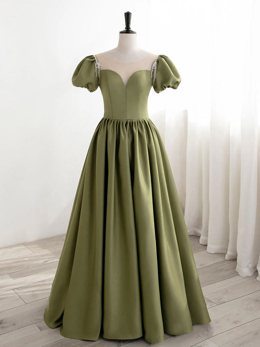 Buyishang Green Puff Sleeves Satin Long Prom Dress Green Long Formal Dresses prom dresses shops ﻿