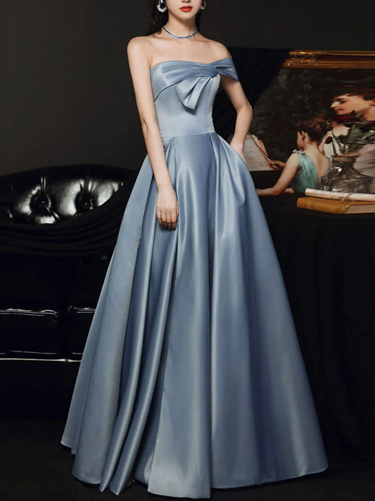 Buyishang Simple A Line Satin Gray Blue Long Prom Dress Gray Blue Long Bridesmaid Dress Bridesmaid dress shop ﻿