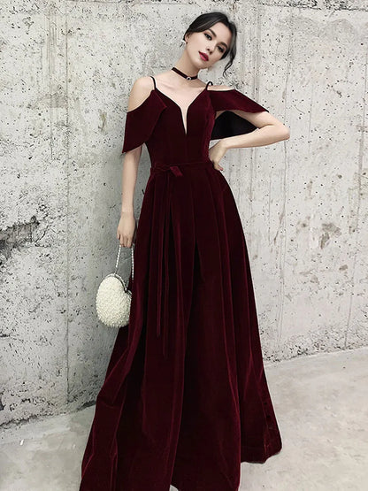 Buyishang Burgundy Off Shoulder Velvet Long Prom Dress Burgundy Formal Evening Dresses Bridesmaid dress shop