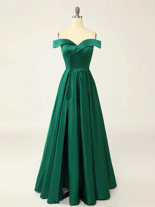 Buyishang A-Line Green Off Shoulder Long Prom Dresses Green Formal Evening Dresses prom dresses shops