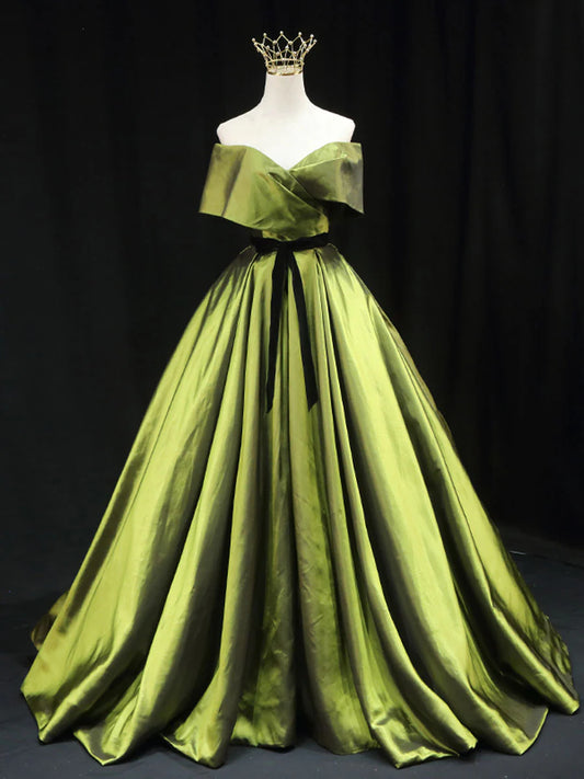 Buyishang Green A line Satin Long Prom Dress Green Satin Formal Evening Dresses Bridesmaid dress shop ﻿