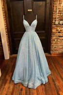 Blue Sequins Long A-Line Prom Dress V-Neck Shiny Evening Party Dress