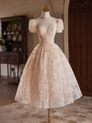 Buyishang Champagne Pink Tulle Lace Tea Length Prom Dress with Beads