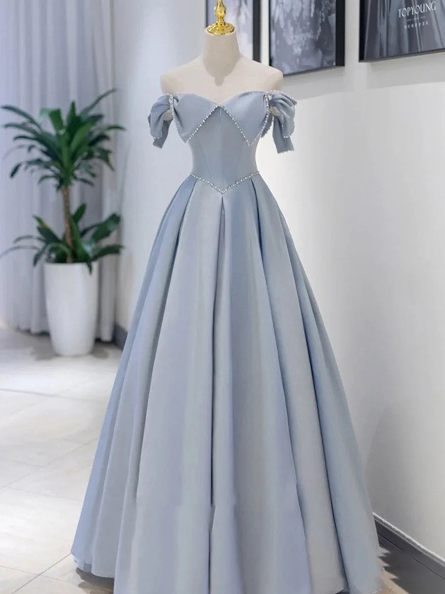 Buyishang Unique Blue Satin Long Prom Dress A line Blue Formal Graduation Party Dress prom dresses shops