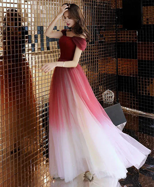 Buyishang Unique Burgundy Off Shoulder Tulle Long Prom Dress Burgundy Evening Dress prom dress in store