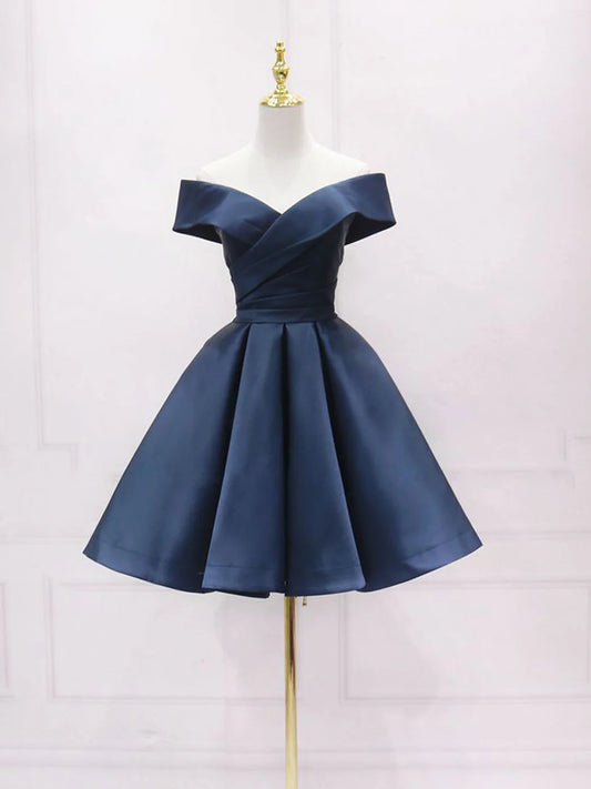 Buyishang Simple Off Shoulder Satin Dark Blue Short Prom Dress Blue Homecoming Dress Bridesmaid dress shop