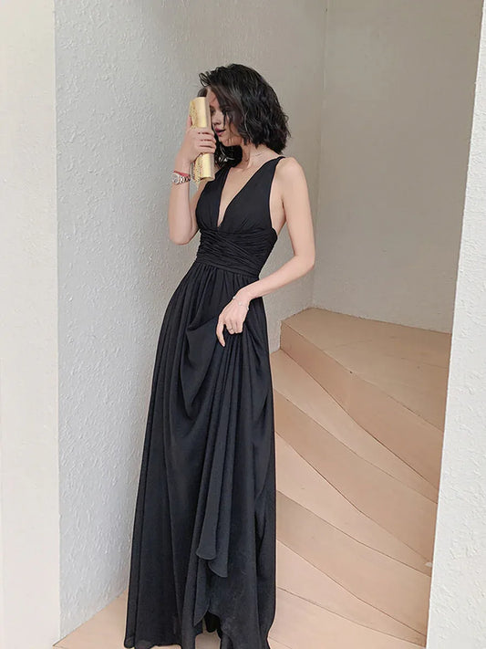 Buyishang Simple V Neck Chiffon Black Long Prom Dress Black Evening Dresses prom dresses shops