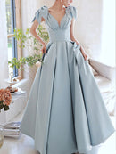 Buyishang Blue V Neck Satin Long Prom Dress Blue Satin Evening Dresses prom dresses shops