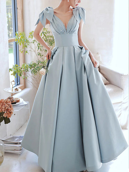 Buyishang Blue V Neck Satin Long Prom Dress Blue Satin Evening Dresses prom dresses shops