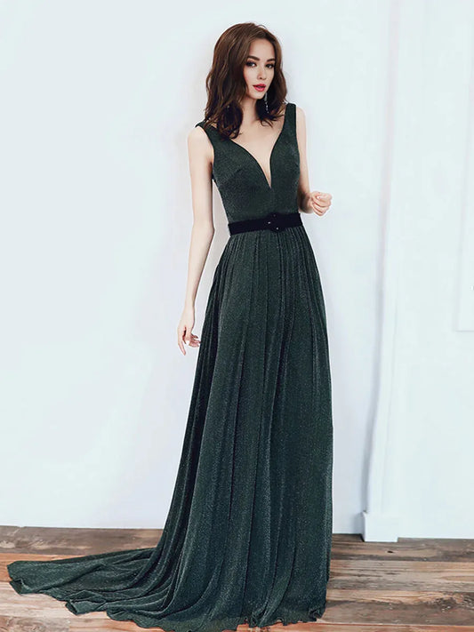 Buyishang Simple Green V Neck Long Prom Dresses Green Evening Dresses Bridesmaid dress shop