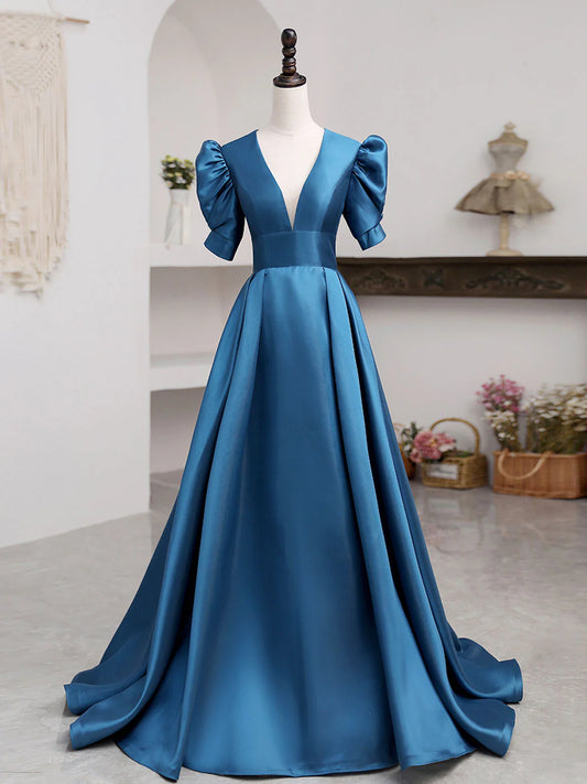 Buyishang A-Line V Neck Satin Long Prom Dresses Blue Satin Long Evening Dress prom dresses shops