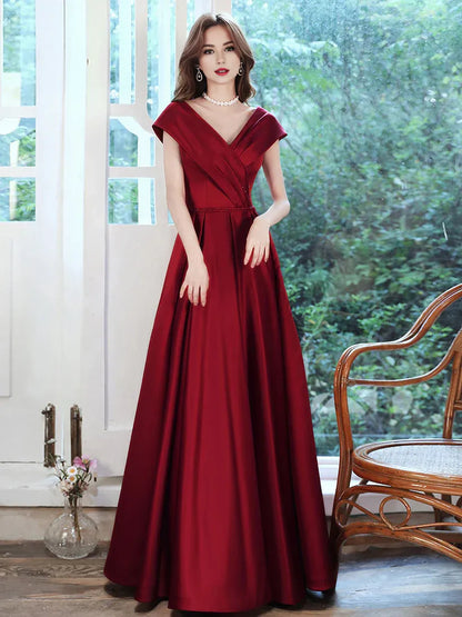 Buyishang Simple V Neck Burgundy Long Prom Dress Burgundy A-line Formal Dresses Bridesmaid dress shop