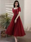 Buyishang Simple Tea Length Burgundy Prom Dress Burgundy Graduation Dresses prom dresses shops ﻿