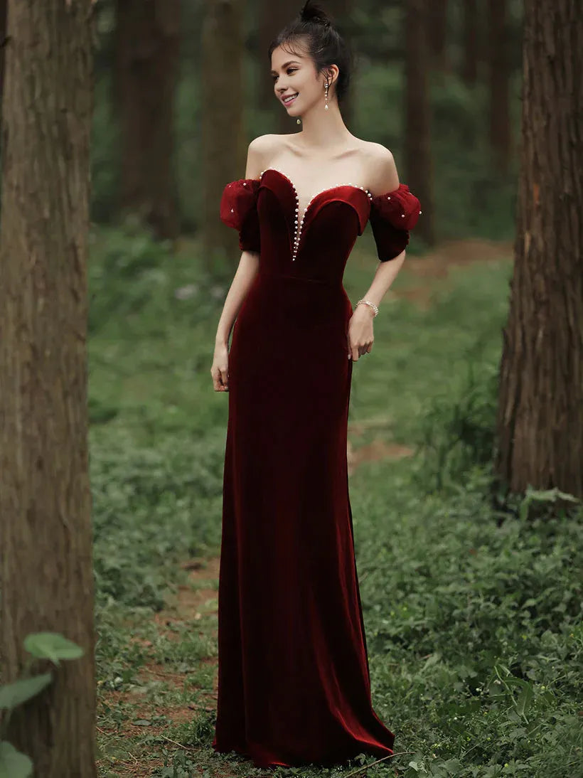 Buyishang Burgundy Sweetheart Neck Mermaid Long Prom Dress Velvet Bridesmaid Dress Bridesmaid dress shop