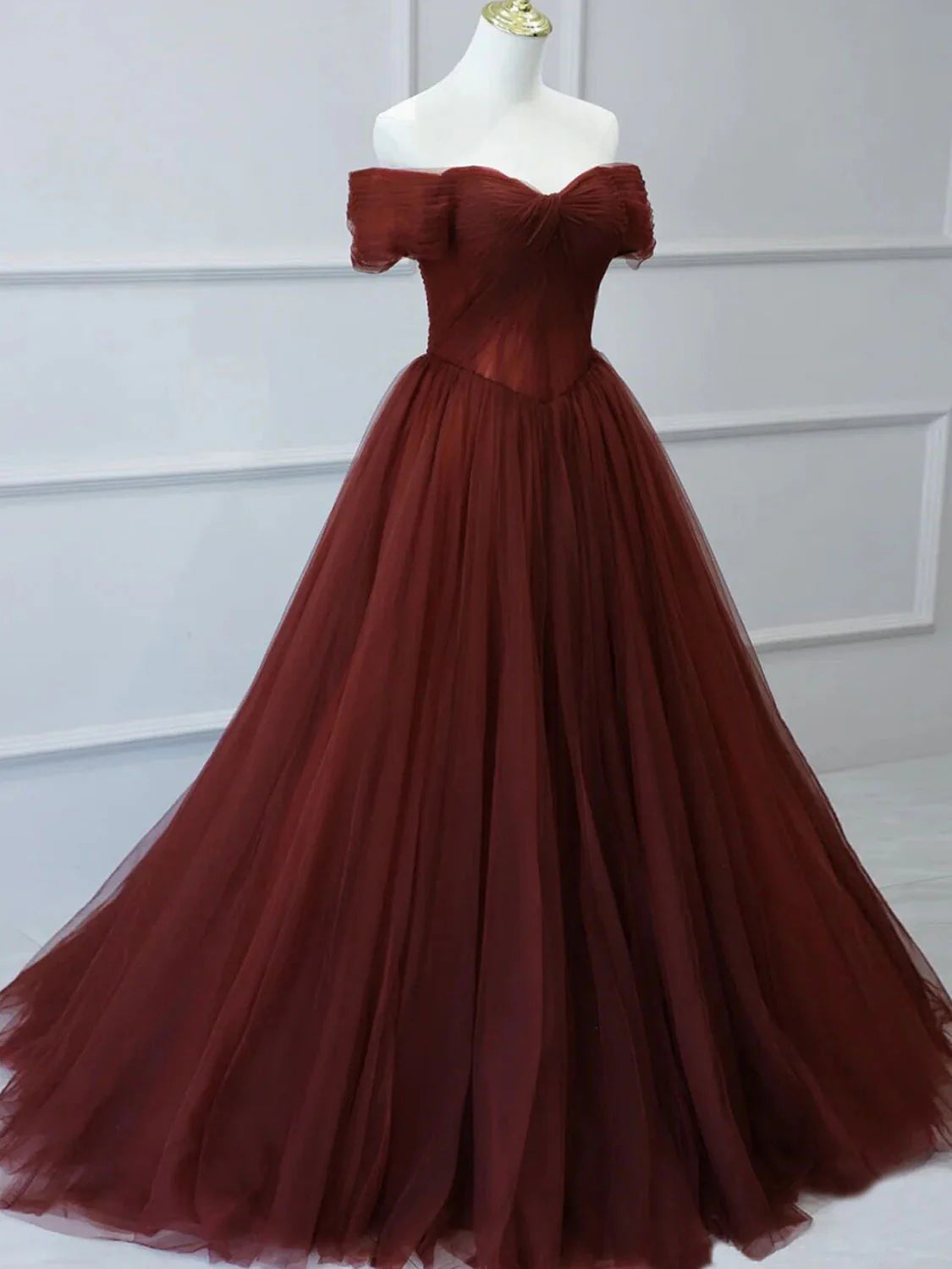 Buyishang Burgundy A line Tulle Long Prom Dresses Burgundy Long Bridesmaid Dresses prom dress in store