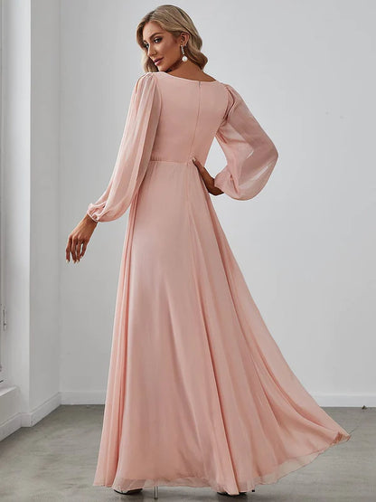 Elegant Chiffon V-Neckline Long Sleeve Formal Evening Dress