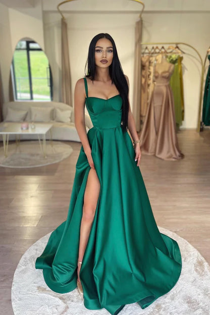 Dark Green Satin Long Prom Dress Beautiful A-Line Evening Dress Party Dress