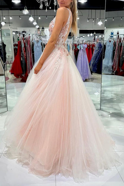 Charming A Line V Neck Blush Long Prom Dress with Appliques