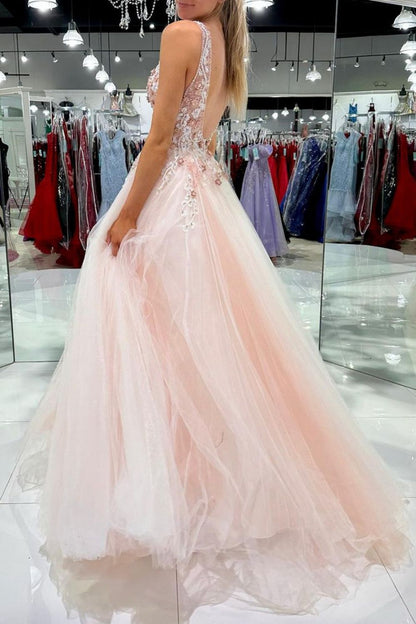 Charming A Line V Neck Blush Long Prom Dress with Appliques