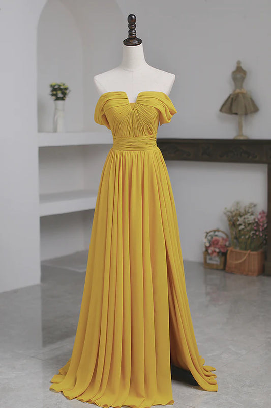 Yellow Chiffon Long A-Line Prom Dress Simple Yellow Evening Dress with Slit