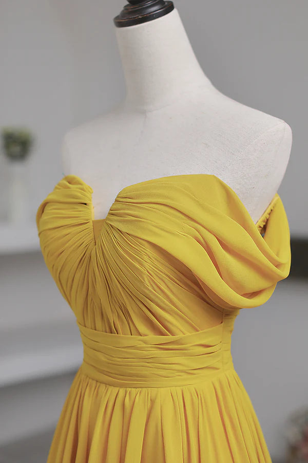 Yellow Chiffon Long A-Line Prom Dress Simple Yellow Evening Dress with Slit