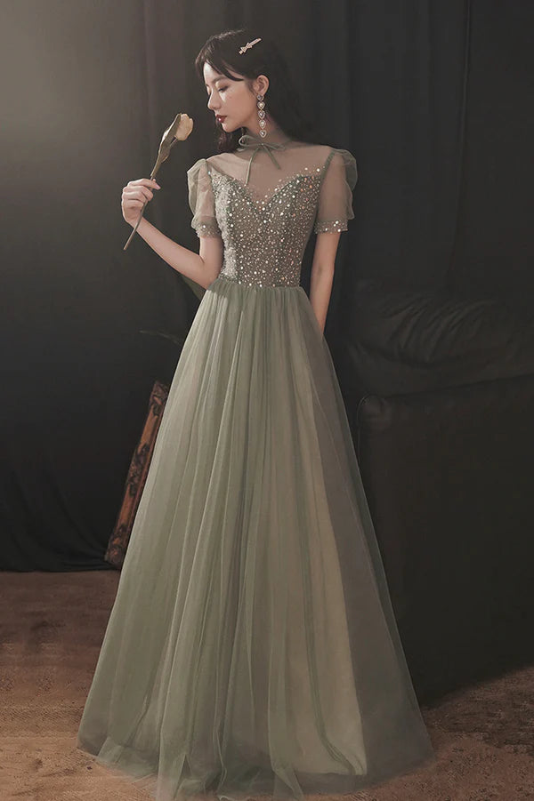 Cute Tulle Sequins Long Prom Dress A-Line Short Sleeve Evening Party Dress