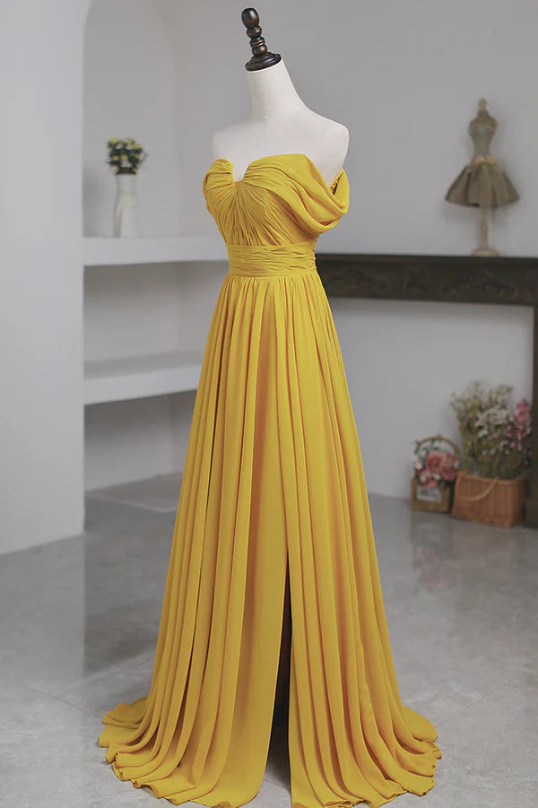 Yellow Chiffon Long A-Line Prom Dress Simple Yellow Evening Dress with Slit