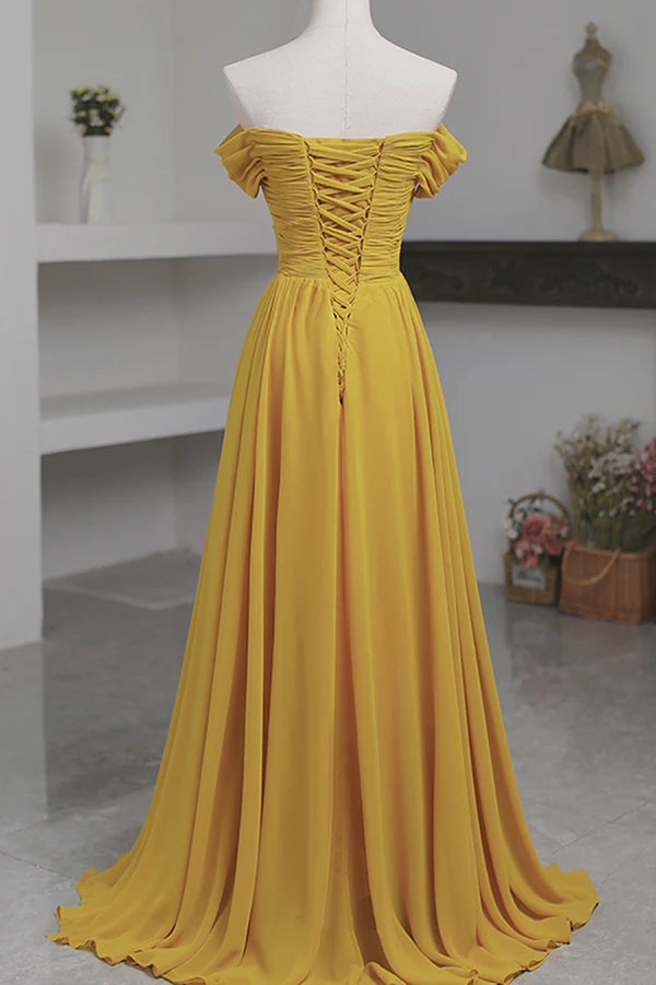 Yellow Chiffon Long A-Line Prom Dress Simple Yellow Evening Dress with Slit